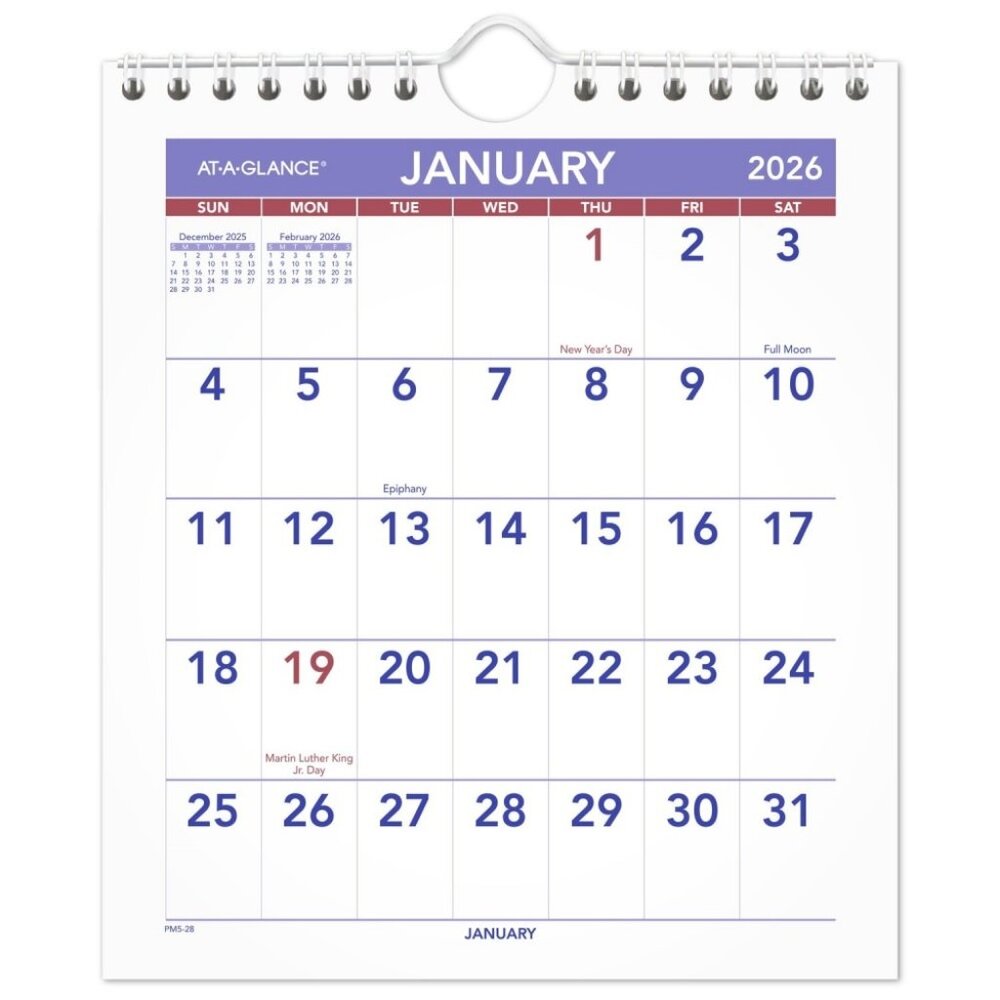 AT-A-GLANCE 2026 Monthly Wall Calendar Mini 6 12 x 7 12